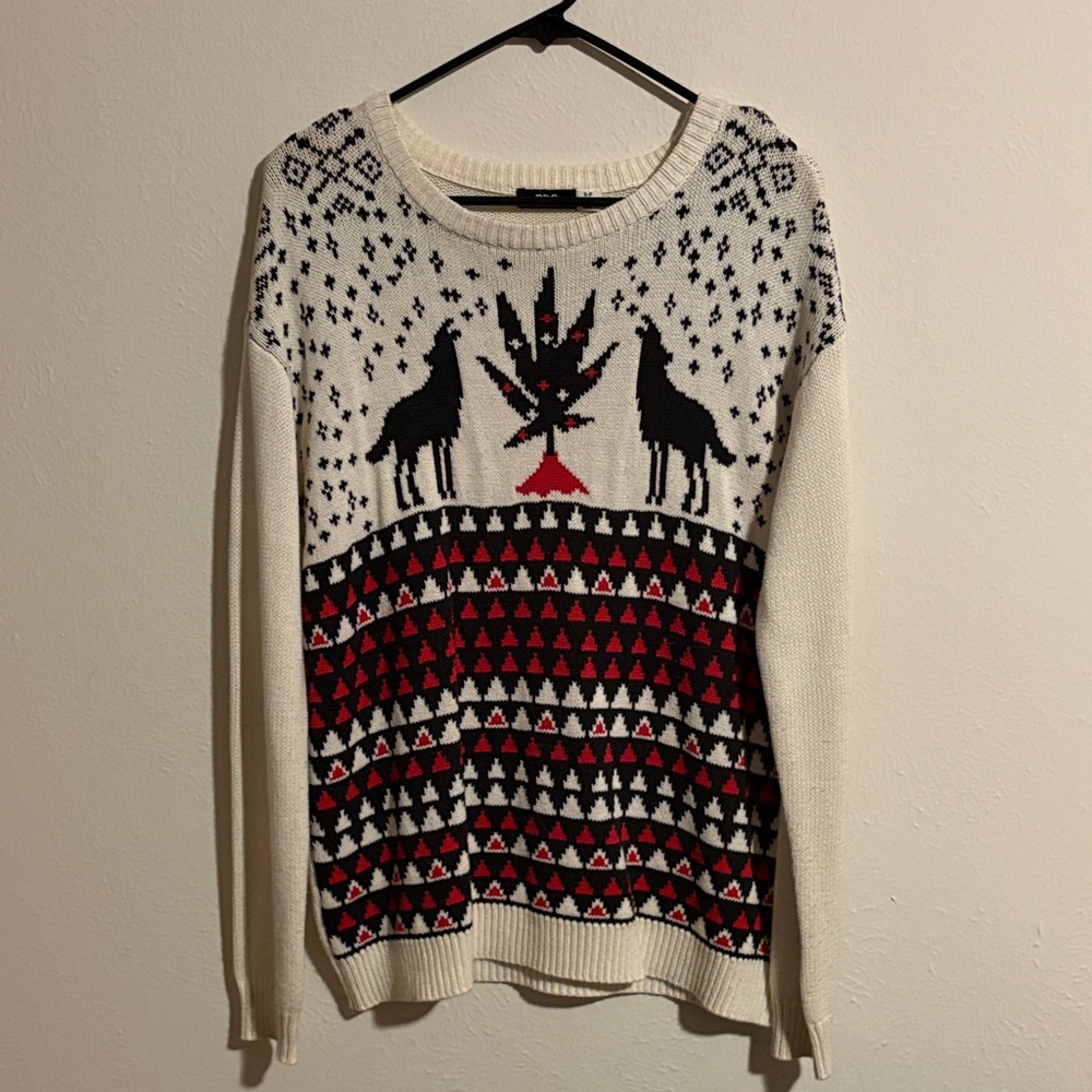 Women's Cream and Black Patterned Christmas Sweater
